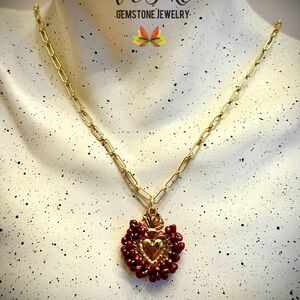 Gold and Red Sagrado Corazón Heart Pendant Necklace